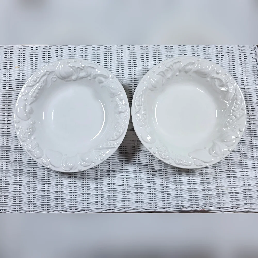 Pottery Barn Made In Italy Marked Set Of 2 Pasta Bowls Embossed Classic White.